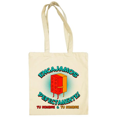 Bolsa de tela frase San Valentín encajamos perfectamente personalizable con nombre