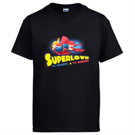 Camiseta Superlove amor friki San Valentín superhéroes personalizable con nombre