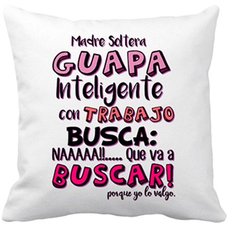 Cojín con relleno frase cachonda Madre soltera guapa inteligente con trabajo busca