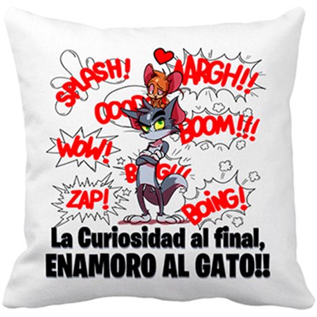 Cojín con relleno la curiosidad al final enamoró al gato frase amor