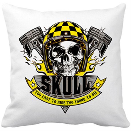 Cojín con relleno motero Skull Too Fast To Ride Too Young To Die