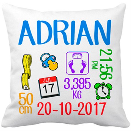 Cojín con relleno ficha personalizable de nacimiento niño recién nacido