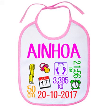 Babero ficha personalizable de nacimiento niña recién nacida