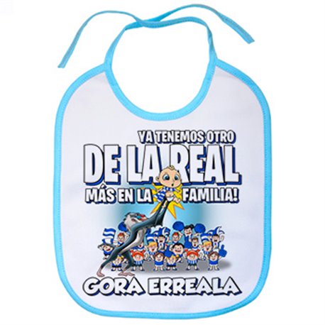 Babero ya tenemos otro de La Real más en la familia para aficionado al fútbol 