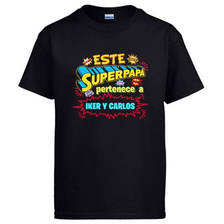Camiseta personalizable con nombre ejemplo Este Super papá pertenece a Lucia y Paula