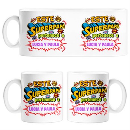 Taza personalizable con nombre ejemplo Este Super papá pertenece a Lucia y Paula
