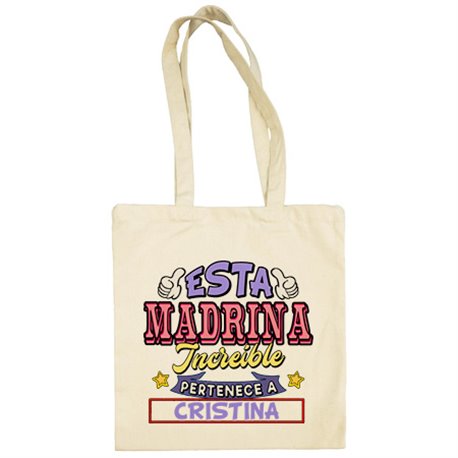 Bolsa de tela personalizable con nombre ejemplo Esta madrina increíble pertenece a Pablo y Carlos