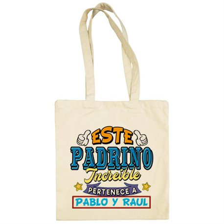 Bolsa de tela personalizable con nombre ejemplo Este padrino increíble pertenece a Pablo y Carlos
