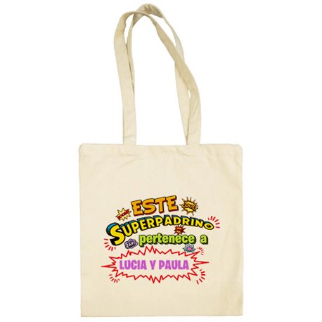 Bolsa de tela personalizable con nombre ejemplo Este Super padrino pertenece a Juan y Susana