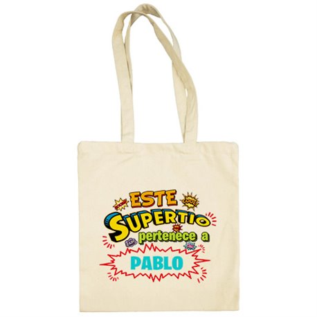 Bolsa de tela personalizable con nombre ejemplo Este Super Tío pertenece a Juan y Susana