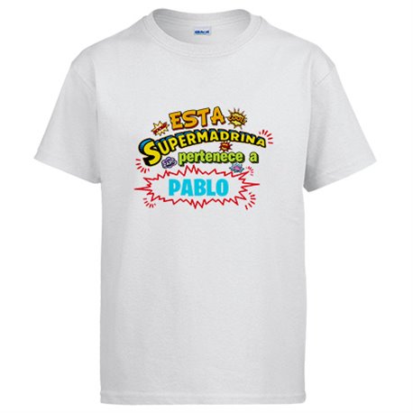 Camiseta personalizable con nombre ejemplo Esta Super madrina pertenece a Juan y Susana