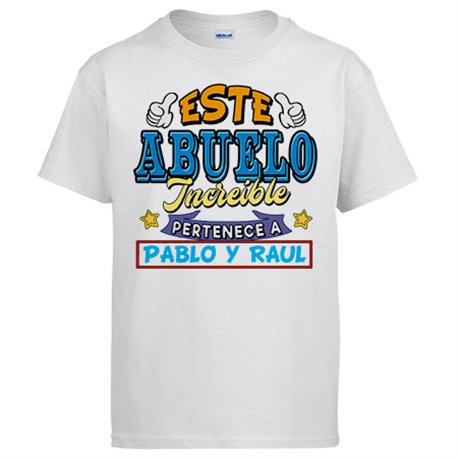Camiseta personalizable con nombre ejemplo Este abuelo increíble pertenece a Pablo y Carlos