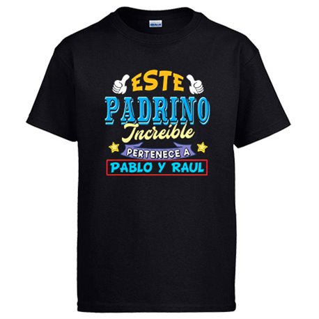 Camiseta personalizable con nombre ejemplo Este padrino increíble pertenece a Pablo y Carlos