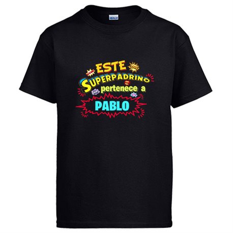 Camiseta personalizable con nombre ejemplo Este Super padrino pertenece a Juan y Susana