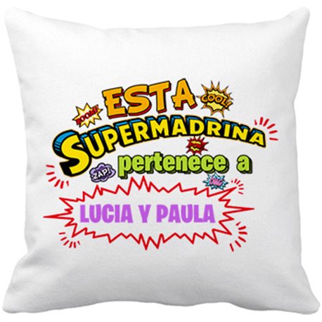 Cojín con relleno personalizable con nombre ejemplo Esta Super madrina pertenece a Juan y Susana