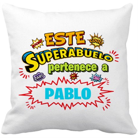 Cojín con relleno personalizable con nombre ejemplo Este Super abuelo pertenece a Juan y Susana