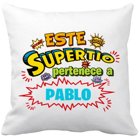 Cojín con relleno personalizable con nombre ejemplo Este Super Tío pertenece a Juan y Susana