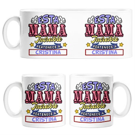 Taza personalizable con nombre ejemplo Esta mamá increíble pertenece a Pablo y Carlos