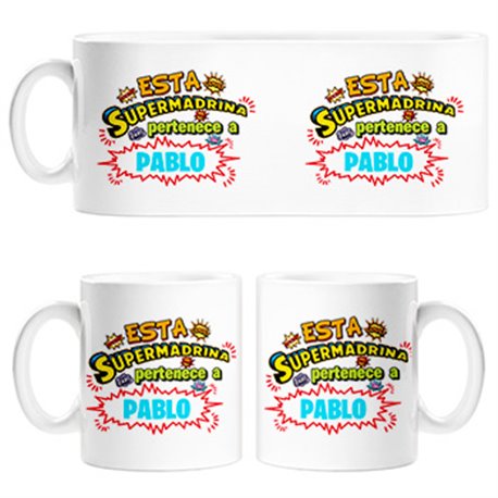 Taza personalizable con nombre ejemplo Esta Super madrina pertenece a Juan y Susana