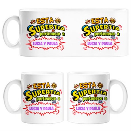Taza personalizable con nombre ejemplo Esta Super Tía pertenece a Juan y Susana