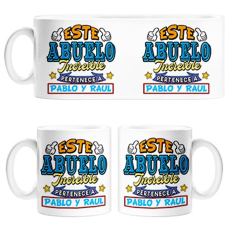 Taza personalizable con nombre ejemplo Este abuelo increíble pertenece a Pablo y Carlos