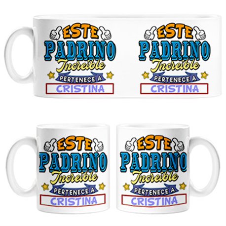 Taza personalizable con nombre ejemplo Este padrino increíble pertenece a Pablo y Carlos