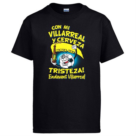 Camiseta frase con mi Villarreal y cerveza nunca hay tristeza fútbol