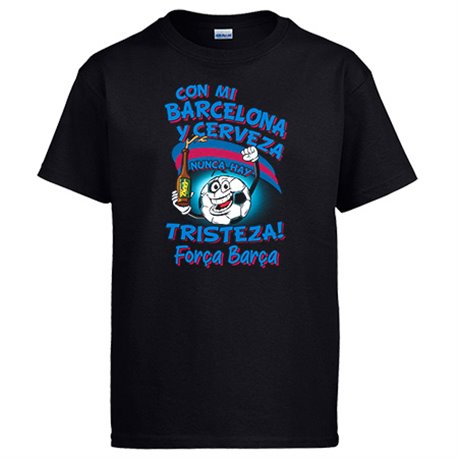 Camiseta frase con mi Barcelona y cerveza nunca hay tristeza para aficionado al fútbol
