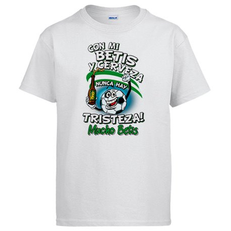 Camiseta frase con mi Betis y cerveza nunca hay tristeza para aficionado al fútbol