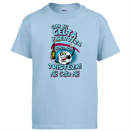 Camiseta frase con mi Celta y cerveza nunca hay tristeza para aficionado al fútbol