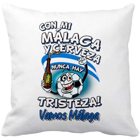 Cojín con relleno frase con mi Málaga y cerveza nunca hay tristeza fútbol