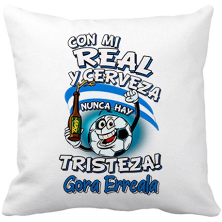 Cojín con relleno frase con mi Real y cerveza nunca hay tristeza Sociedad San Sebastían fútbol