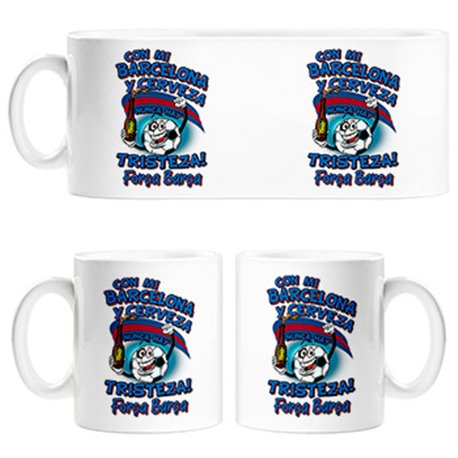 Taza frase con mi Barcelona y cerveza nunca hay tristeza fútbol