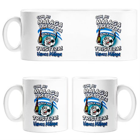 Taza frase con mi Málaga y cerveza nunca hay tristeza fútbol