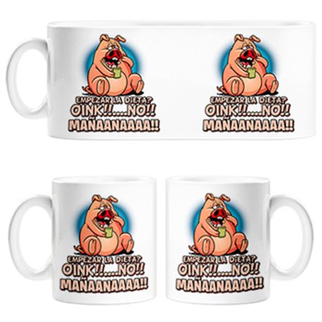 Taza frase divertida cerdito empezar la dieta mañana