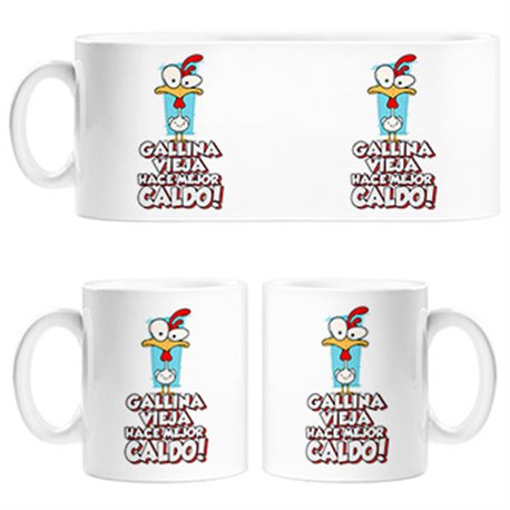 Taza frase divertida gallina vieja hace mejor caldo