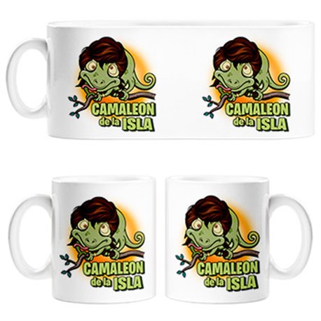 Taza ilustración parodia divertida de un camaleón de la isla
