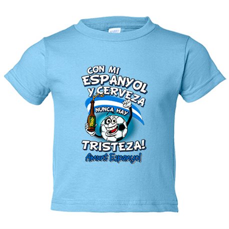 Camiseta bebé frase con mi Espanyol y cerveza nunca hay tristeza para aficionado al fútbol