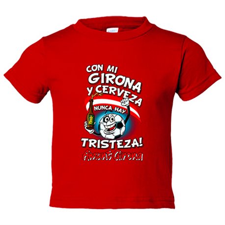 Camiseta bebé frase con mi Girona y cerveza nunca hay tristeza para aficionado al fútbol