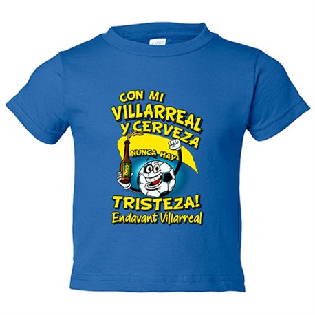 Camiseta bebé frase con mi Villarreal y cerveza nunca hay tristeza para aficionado al fútbol