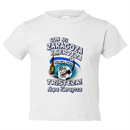 Camiseta bebé frase con mi Zaragoza y cerveza nunca hay tristeza para aficionado al fútbol