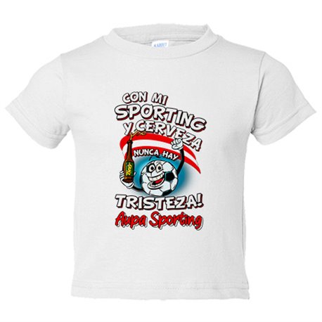 Camiseta bebé frase con mi Sporting y cerveza nunca hay tristeza Gijón fútbol