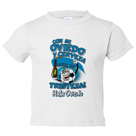 Camiseta bebé frase con mi Oviedo y cerveza nunca hay tristeza para aficionado al fútbol