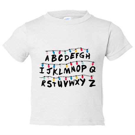 Camiseta bebé parodia cosicas raras pared muro letras con luces de Navidad