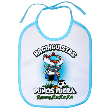 Babero frase racinguistas puños fuera parodia robot de los 80 para nostálgicos futboleros del Racing