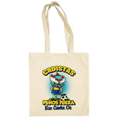 Bolsa de tela frase cadistas puños fuera parodia robot de los 80 para nostálgicos futboleros de Cádiz