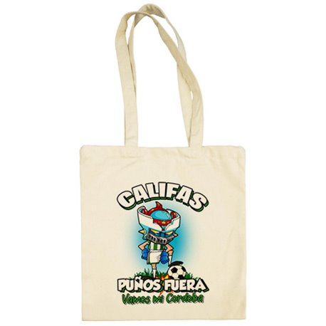 Bolsa de tela frase califas puños fuera parodia robot de los 80 para nostálgicos futboleros de Córdoba