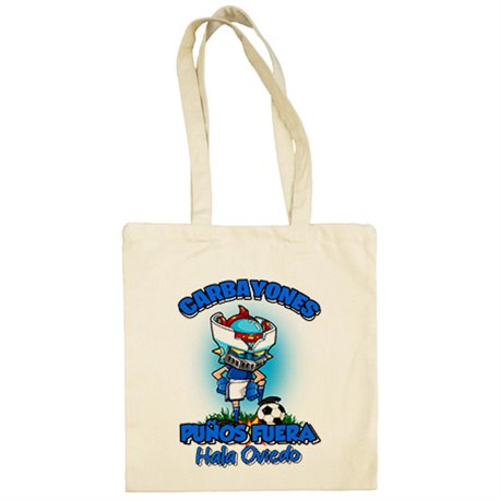 Bolsa de tela frase carbayones puños fuera parodia robot de los 80 para nostálgicos futboleros de Oviedo
