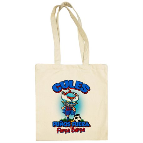 Bolsa de tela frase culés puños fuera parodia robot de los 80 para nostálgicos futboleros de Barcelona (DESACTIVAR)