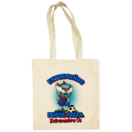 Bolsa de tela frase extremeños puños fuera parodia robot de los 80 para nostálgicos futboleros de Extremadura